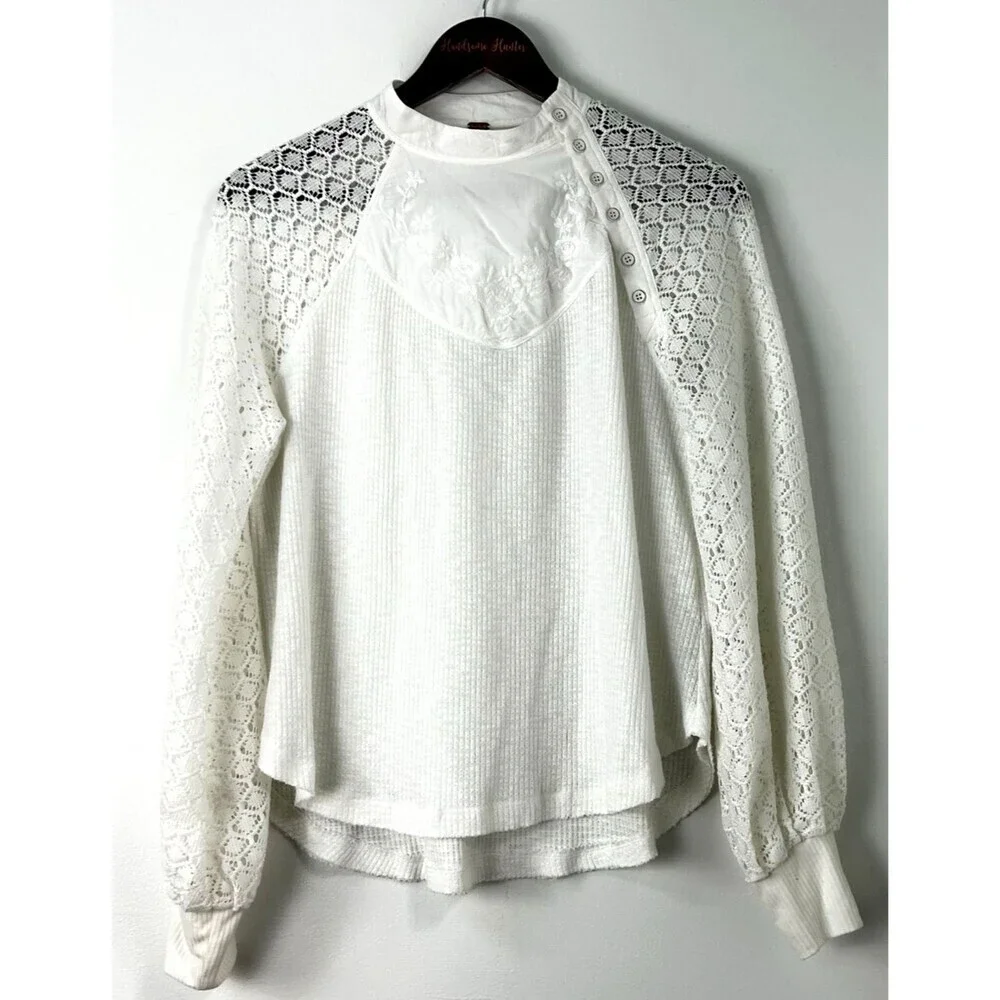 Free‎ People Sweetest Thing White Lace Thermal Top Sz S Boho Long Sleeve 1383R2